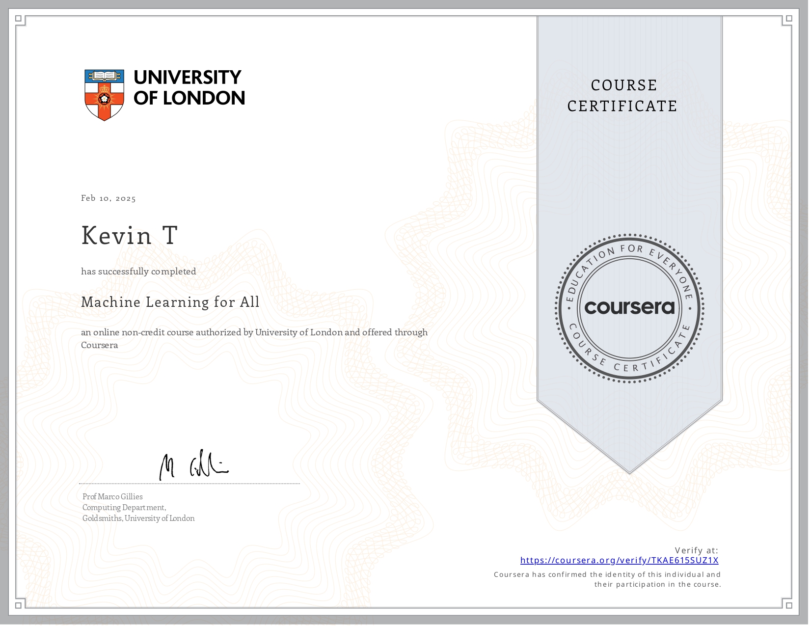 Machine Learning Certificate